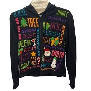 BellePointe Black Multi-Color Holiday Christmas Santa Winter Zip Up Hoodie Sz S